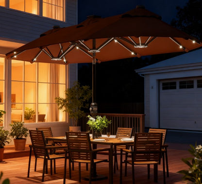 Spacious Outdoor Umbrella,Double-sided Outdoor Patio Umbrella,with Solar Lights and Base,Dining Table Umbrella Push Button Tilt