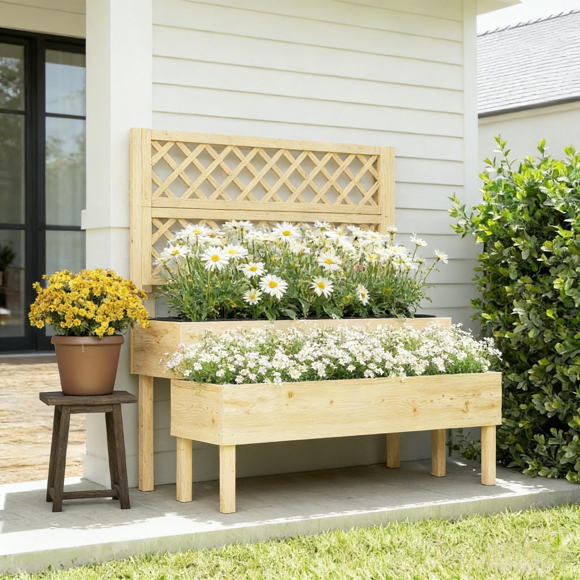Patio Elevated Planter Box, Trellis Planter Box - Natural Wood