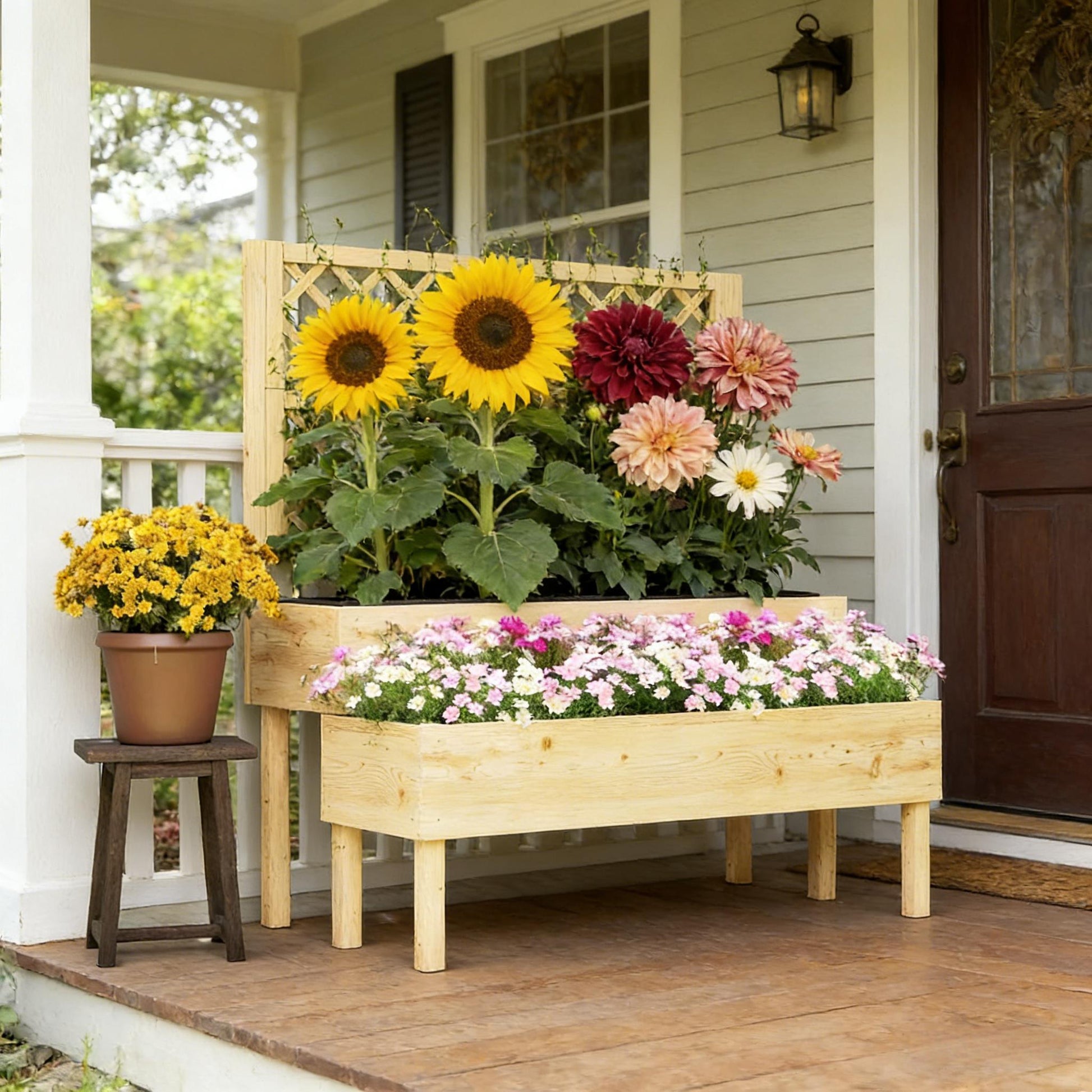 Patio Elevated Planter Box, Trellis Planter Box - Natural Wood