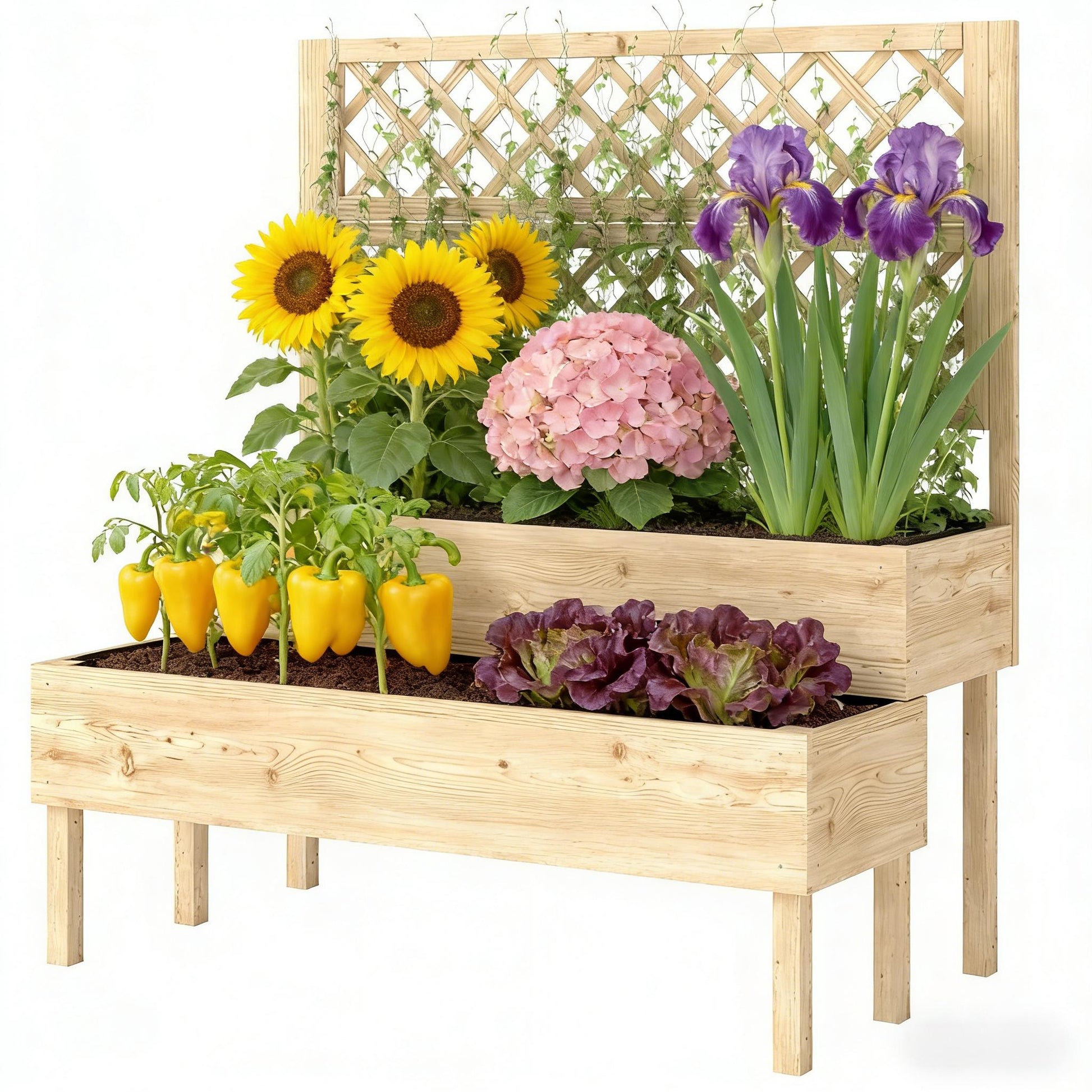Patio Elevated Planter Box, Trellis Planter Box - Natural Wood