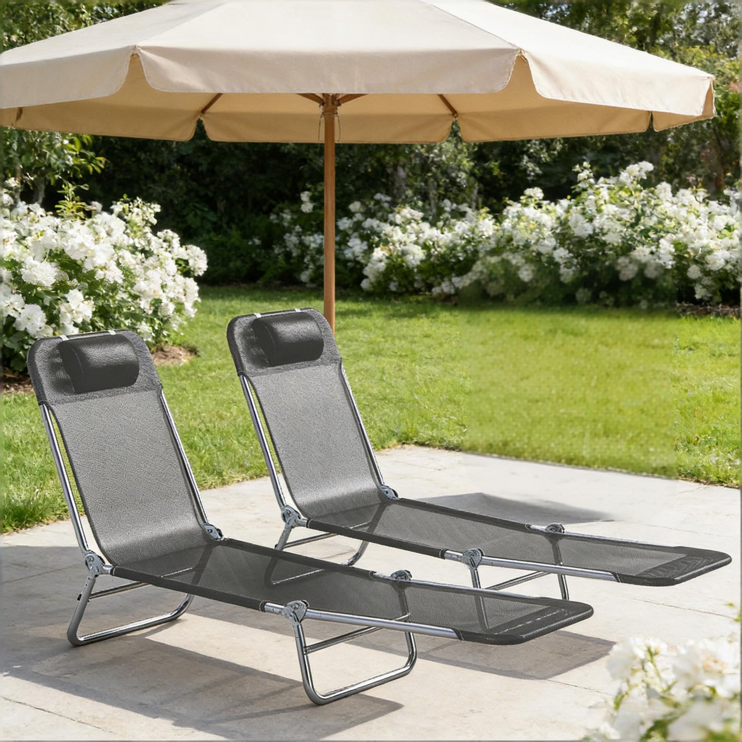 Black Mesh Steel Poolside Lounge Chairs Set of 2 for Outdoor Relaxation