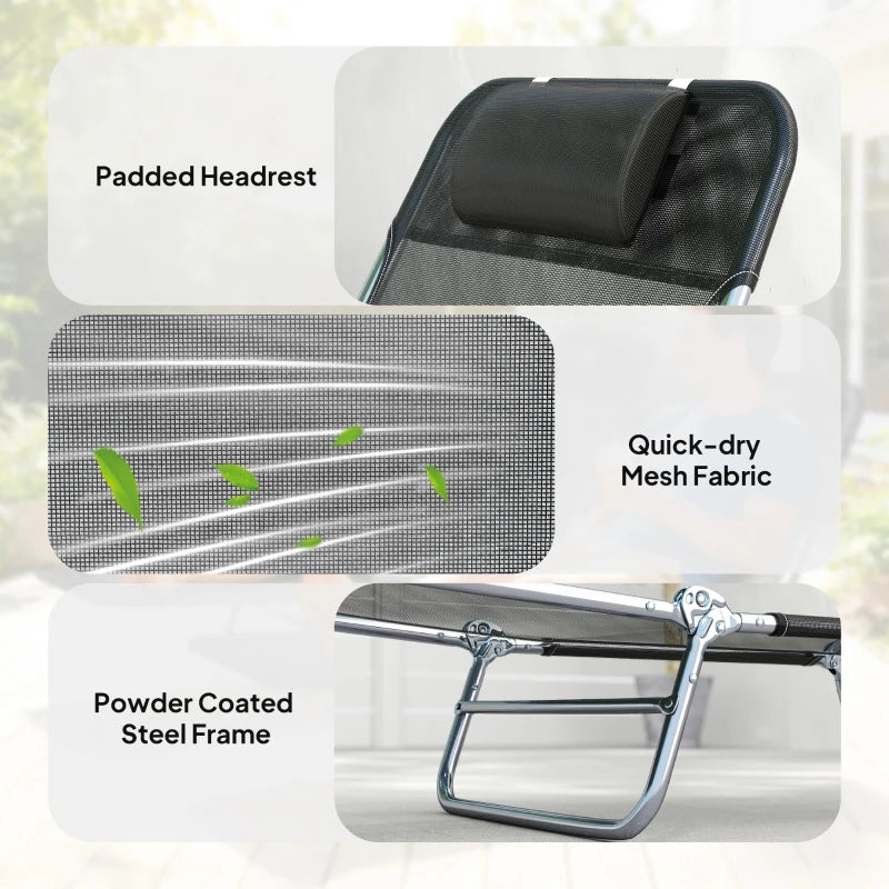 Black Mesh Steel Poolside Lounge Chairs Set of 2 for Outdoor Relaxation