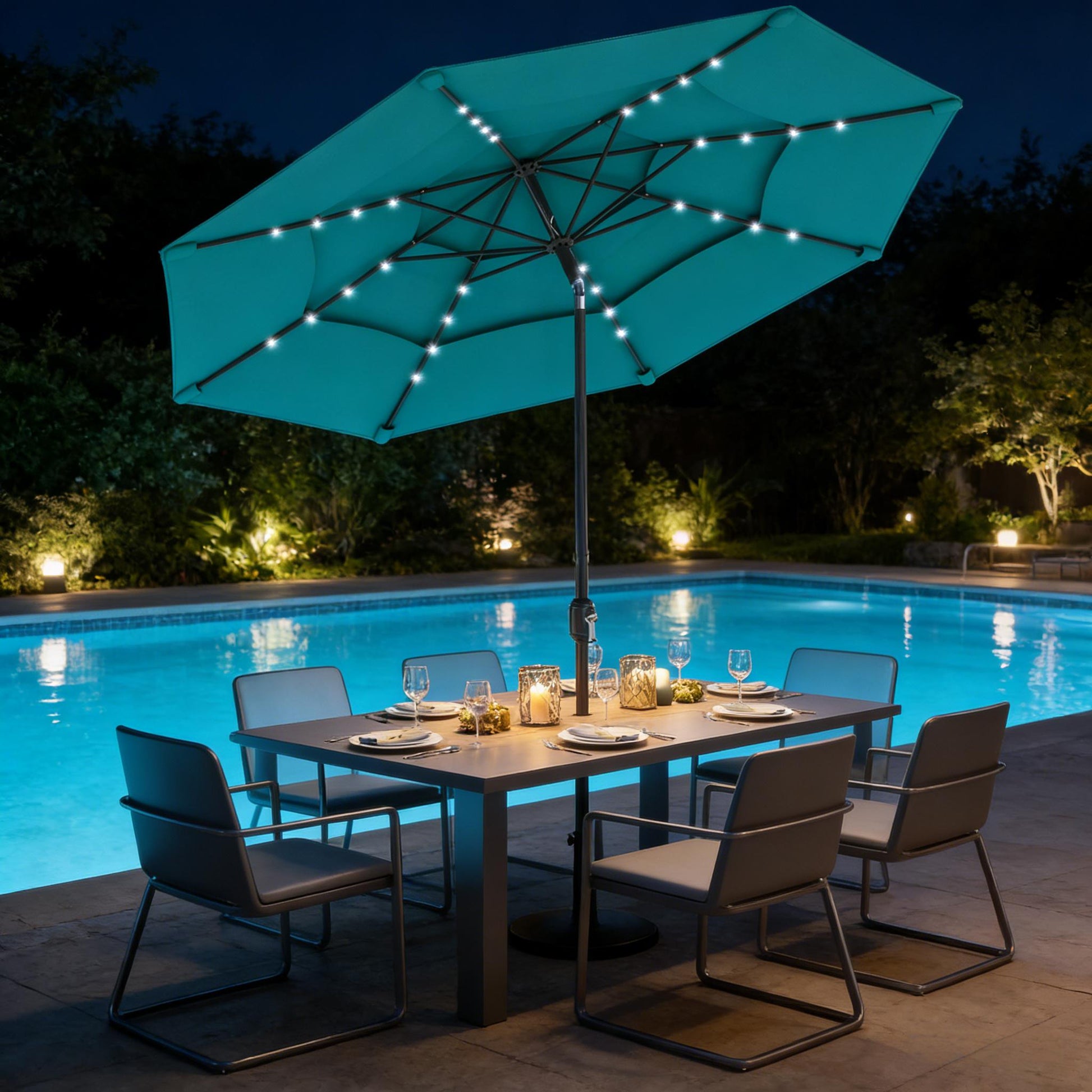 Teal Patio Umbrella with Solar LED Lights - 117" Diameter