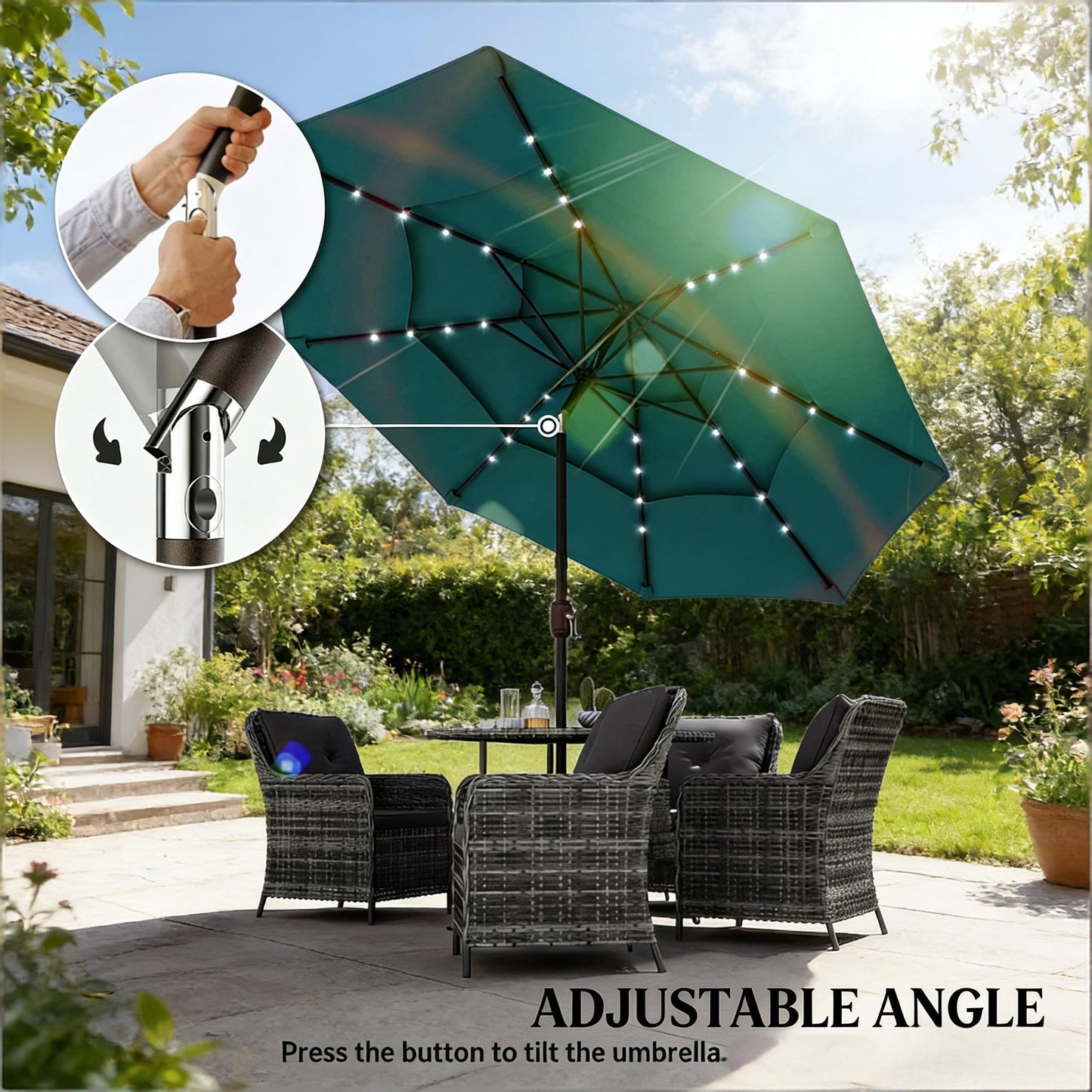 Teal Patio Umbrella with Solar LED Lights - 117" Diameter