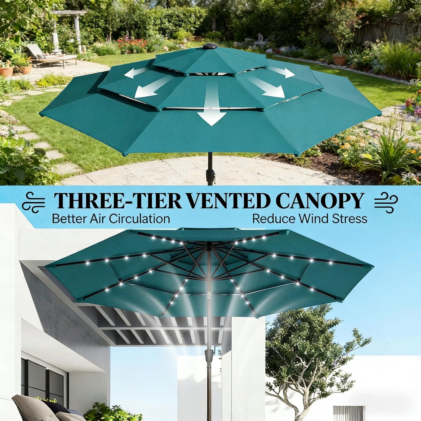 Teal Patio Umbrella with Solar LED Lights - 117" Diameter