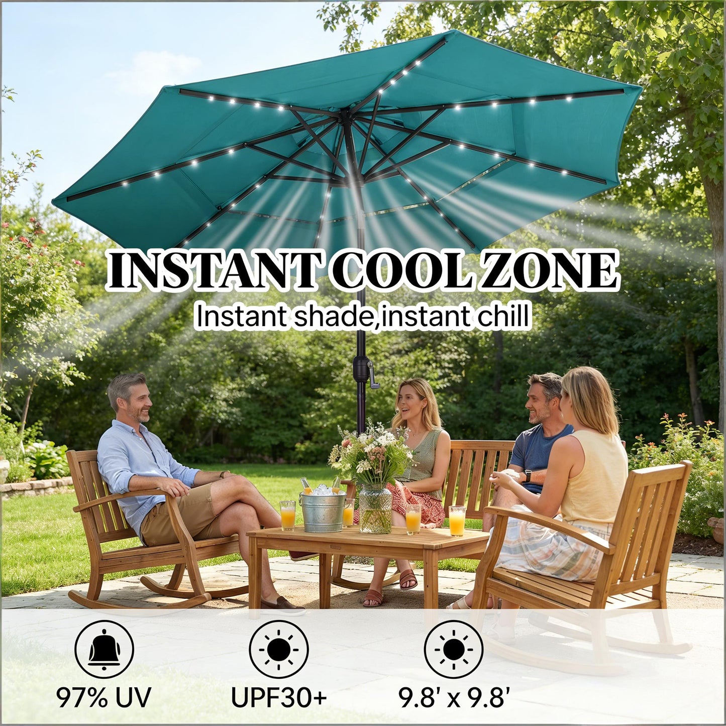 Teal Patio Umbrella with Solar LED Lights - 117" Diameter