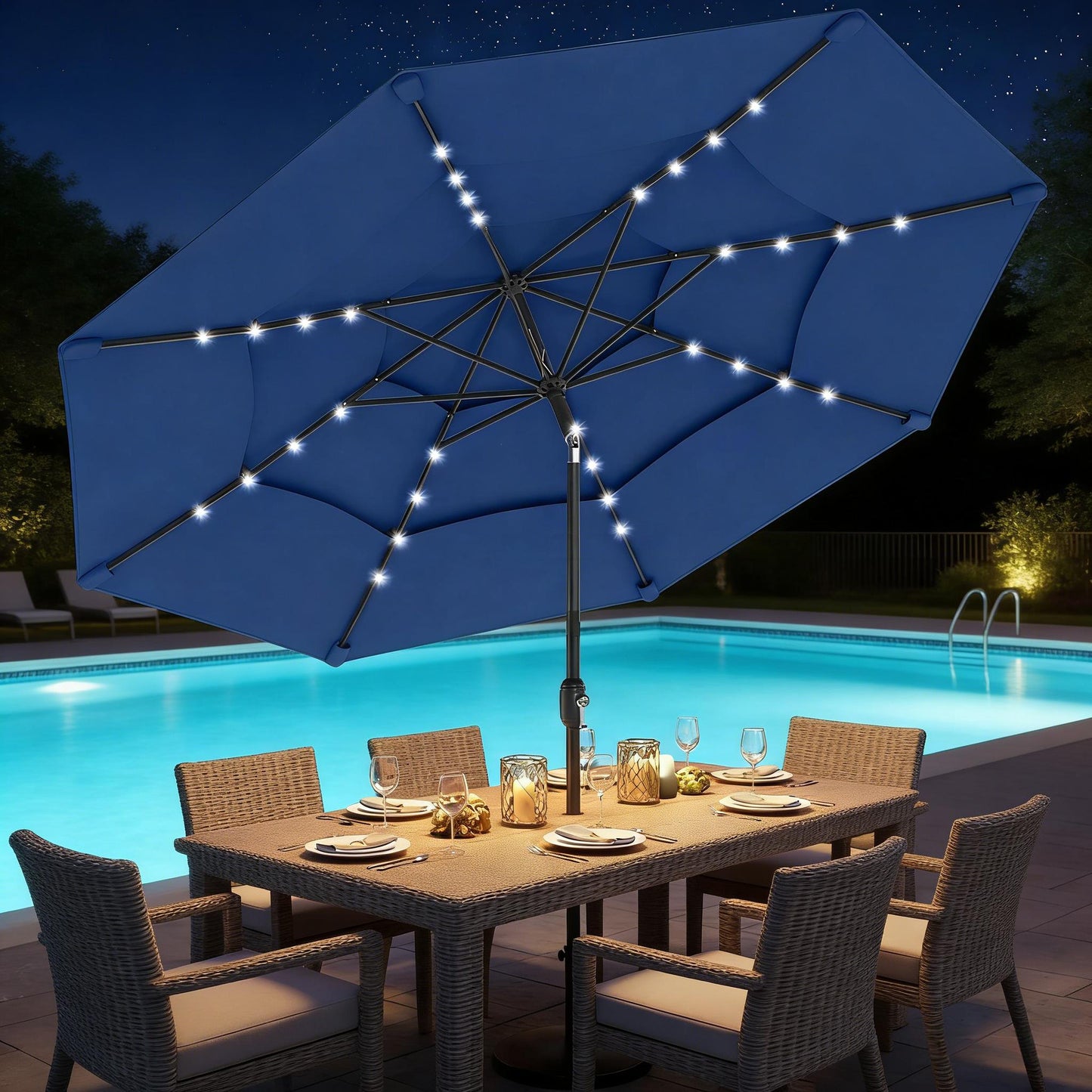 Navy Blue Solar Patio Umbrella for Poolside Dining and Garden Shade