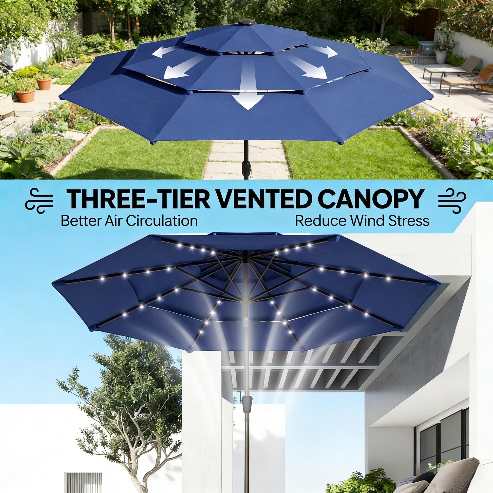 Navy Blue Solar Patio Umbrella for Poolside Dining and Garden Shade