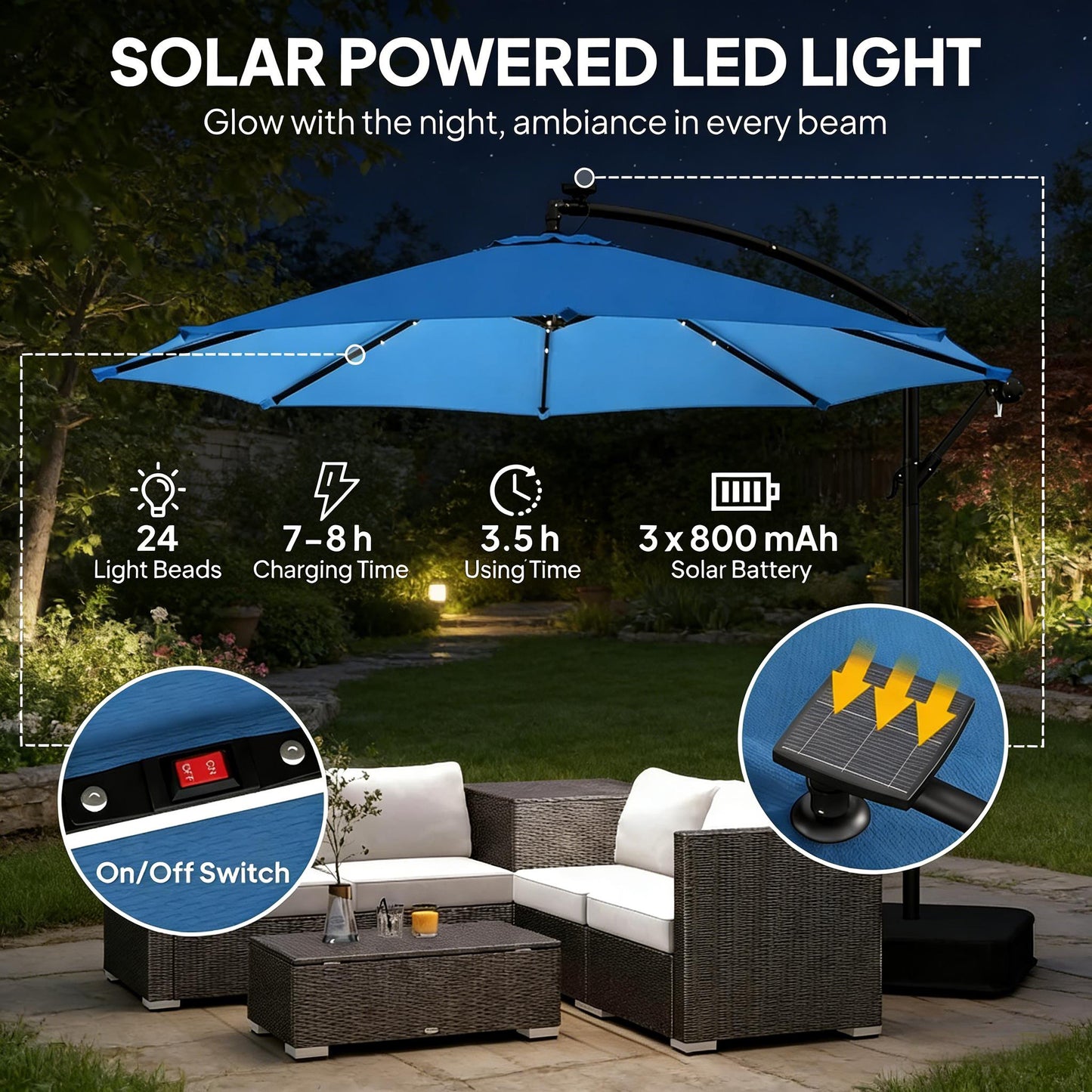 Lake Blue Cantilever Patio Umbrella - Solar Powered Shade