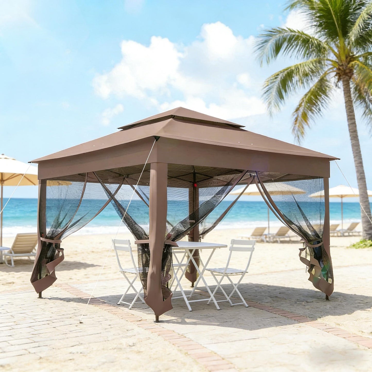 128" Black Brown Pop Up Patio Gazebo - Outdoor Shade Shelter