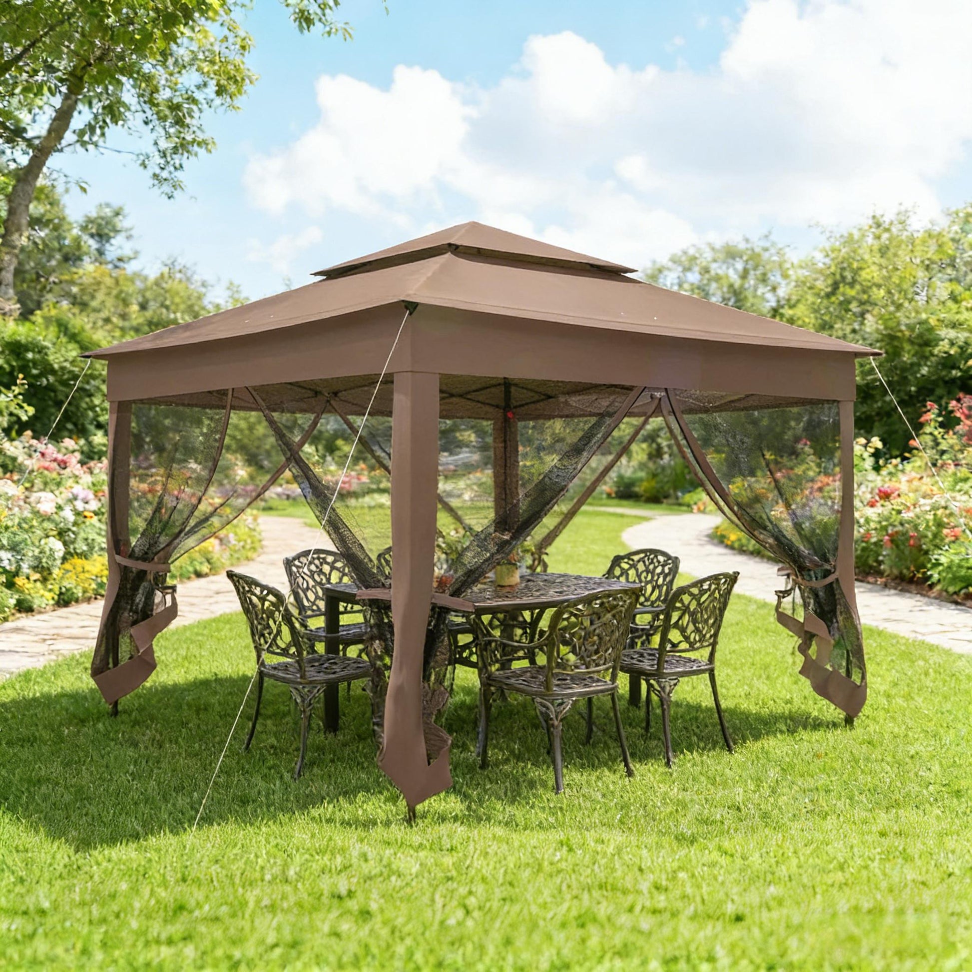 128" Black Brown Pop Up Patio Gazebo - Outdoor Shade Shelter