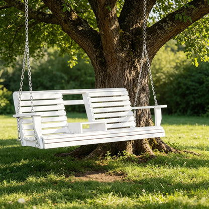 440lbs Weight Capacity 3-Seater Wooden Porch Swing, Patio Swing Bench with Folding Coffee Table, Cup Holders and Chains Included,