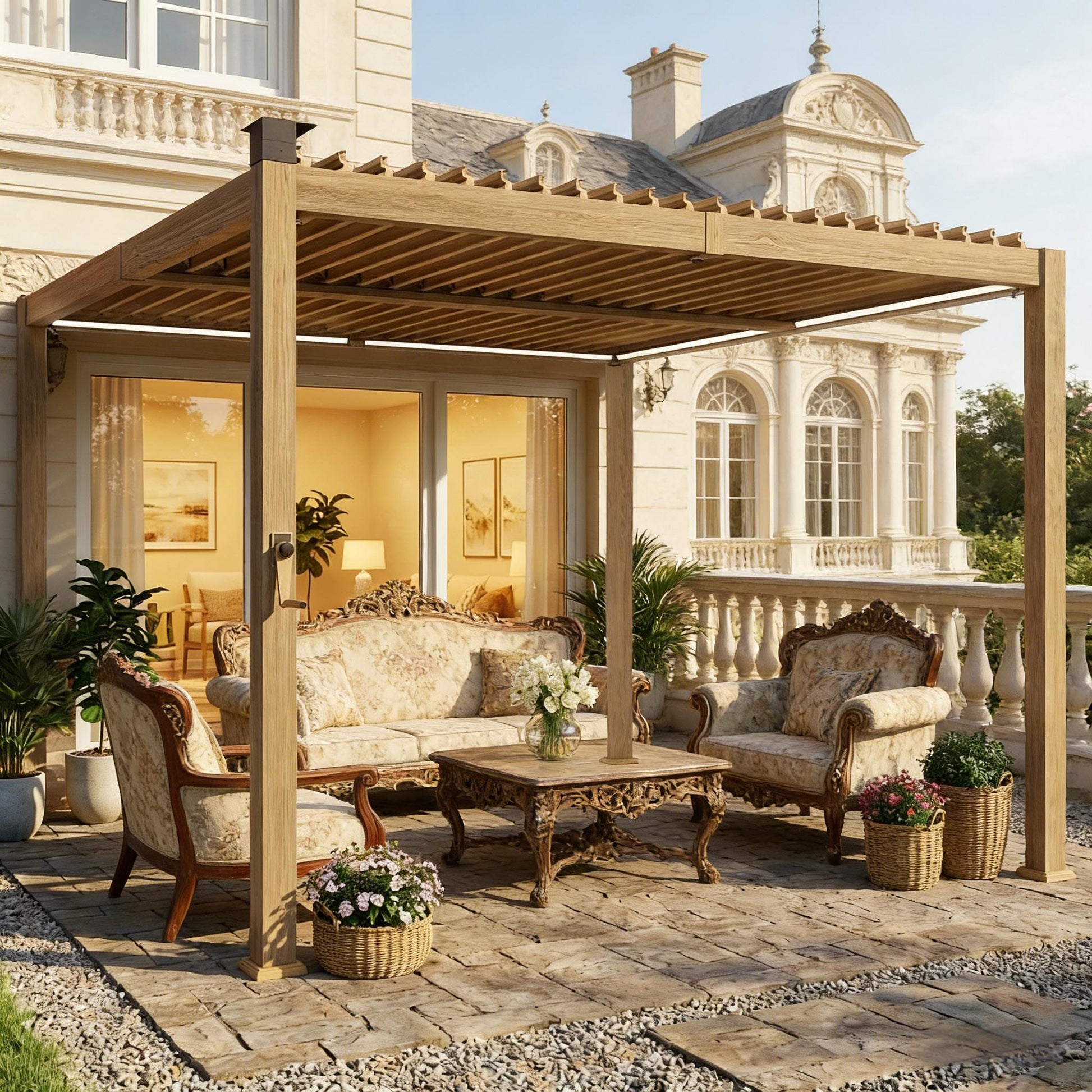 Brown Metal Louvered Pergola - 118" Patio Cover