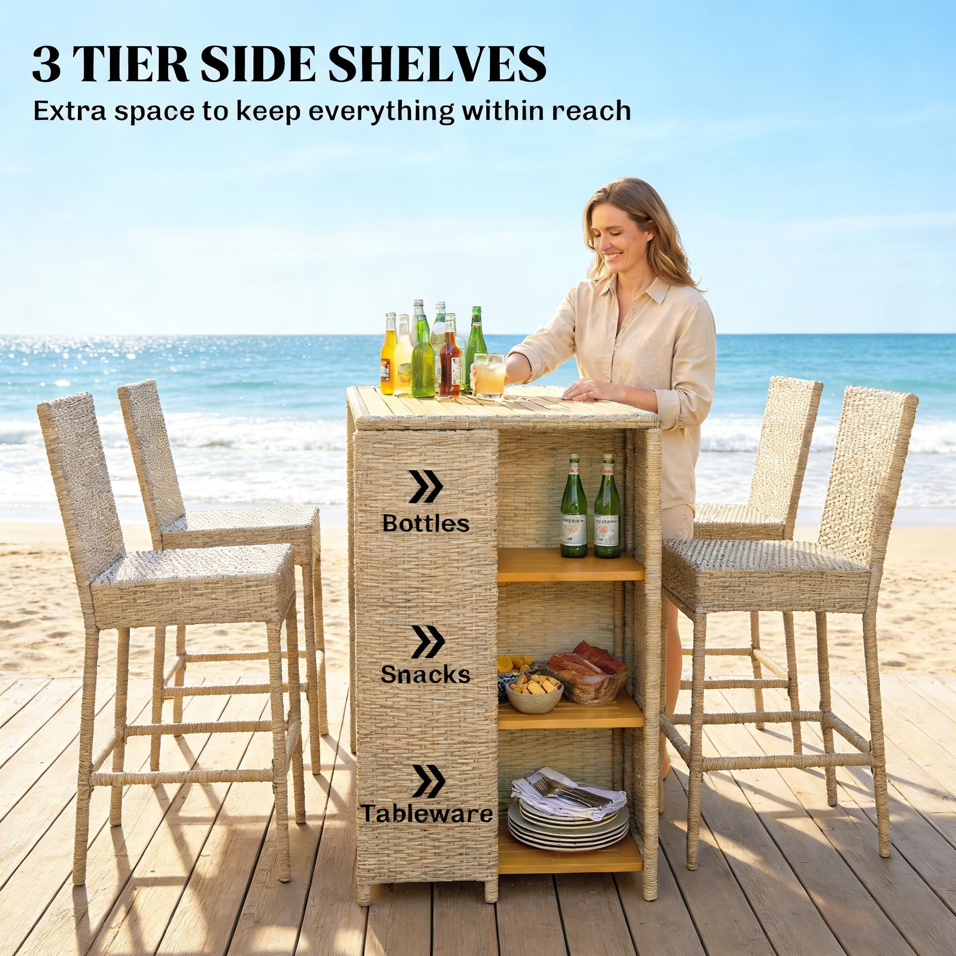Beige Brown Acacia Wood Patio Bar Set Outdoor High Top Table and Chairs