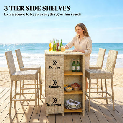 Beige Brown Acacia Wood Patio Bar Set Outdoor High Top Table and Chairs