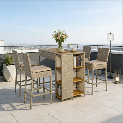Beige Brown Acacia Wood Patio Bar Set Outdoor High Top Table and Chairs