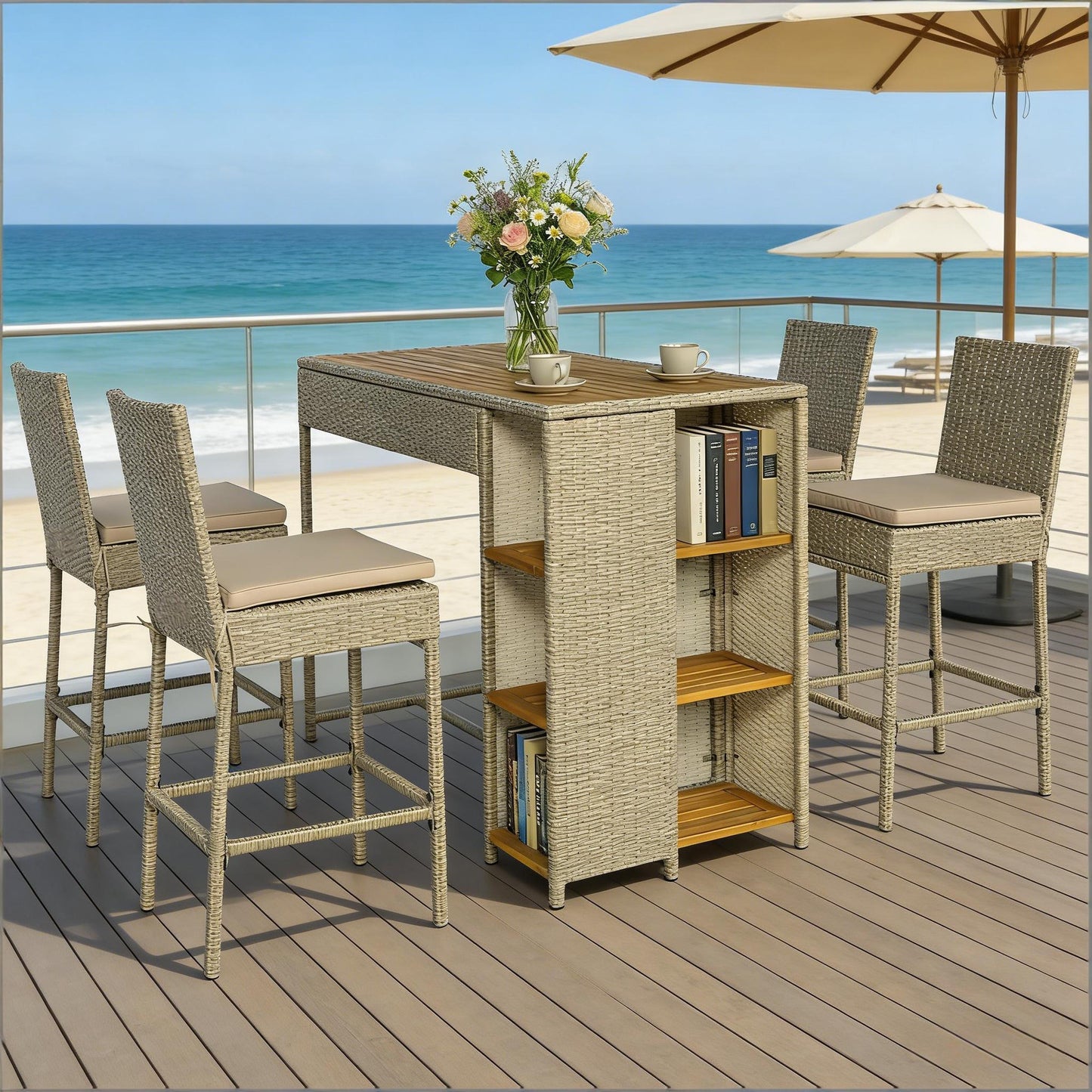 Beige Brown Acacia Wood Patio Bar Set Outdoor High Top Table and Chairs