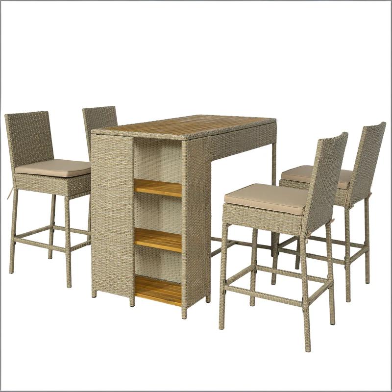Beige Brown Acacia Wood Patio Bar Set Outdoor High Top Table and Chairs
