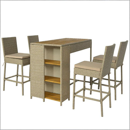 Beige Brown Acacia Wood Patio Bar Set Outdoor High Top Table and Chairs