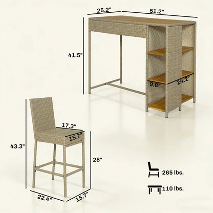 Beige Brown Acacia Wood Patio Bar Set Outdoor High Top Table and Chairs
