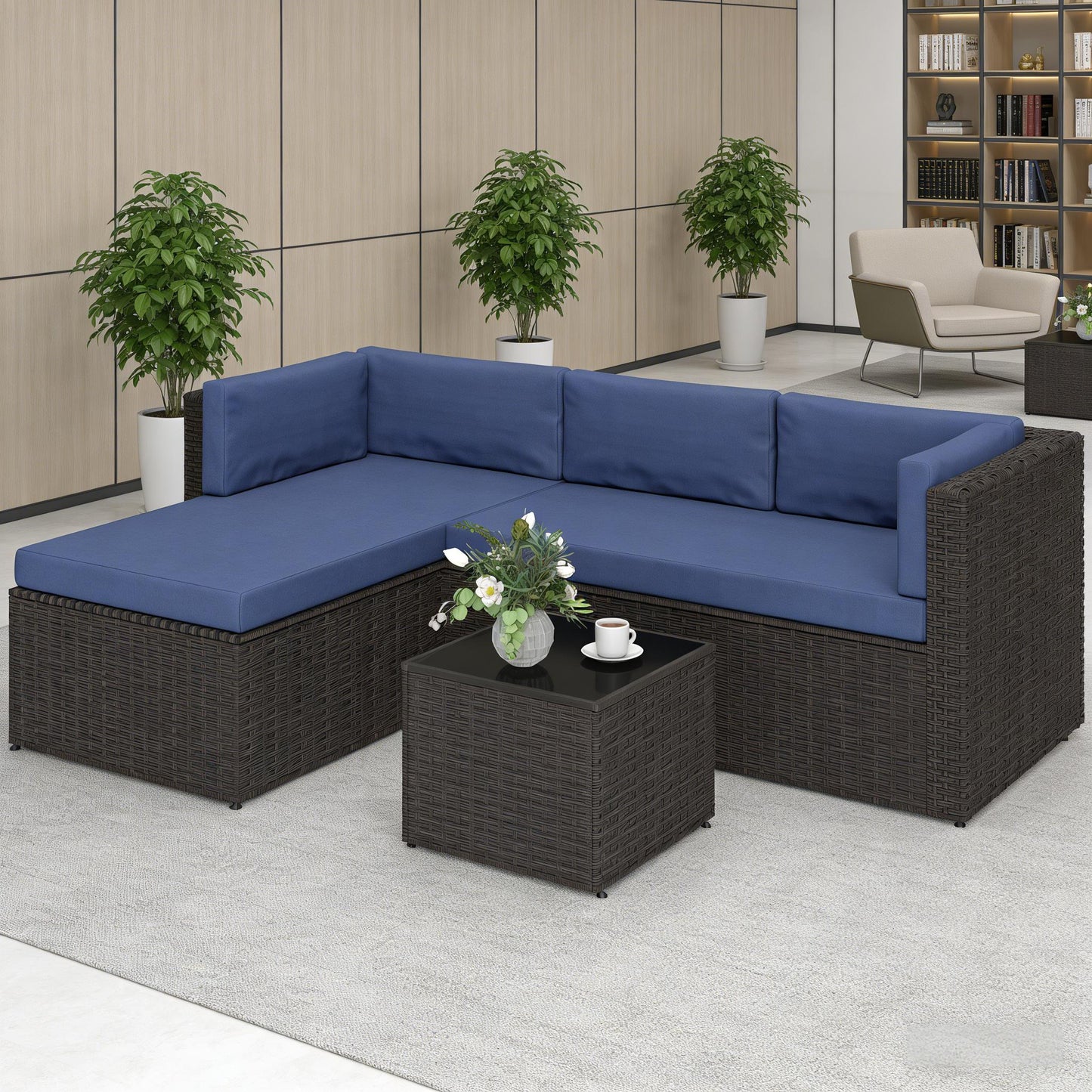 Dark Brown Navy Blue Patio Furniture Set 3 Piece Outdoor Sofa Chaise Table