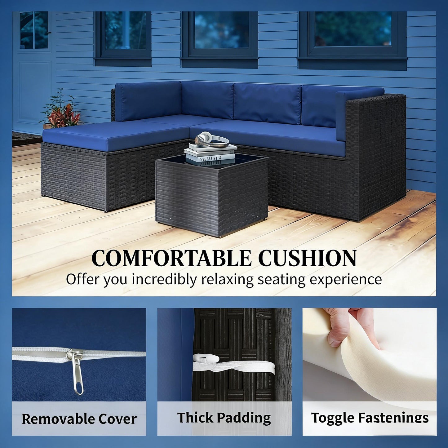 Dark Brown Navy Blue Patio Furniture Set 3 Piece Outdoor Sofa Chaise Table