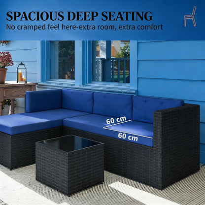 Dark Brown Navy Blue Patio Furniture Set 3 Piece Outdoor Sofa Chaise Table