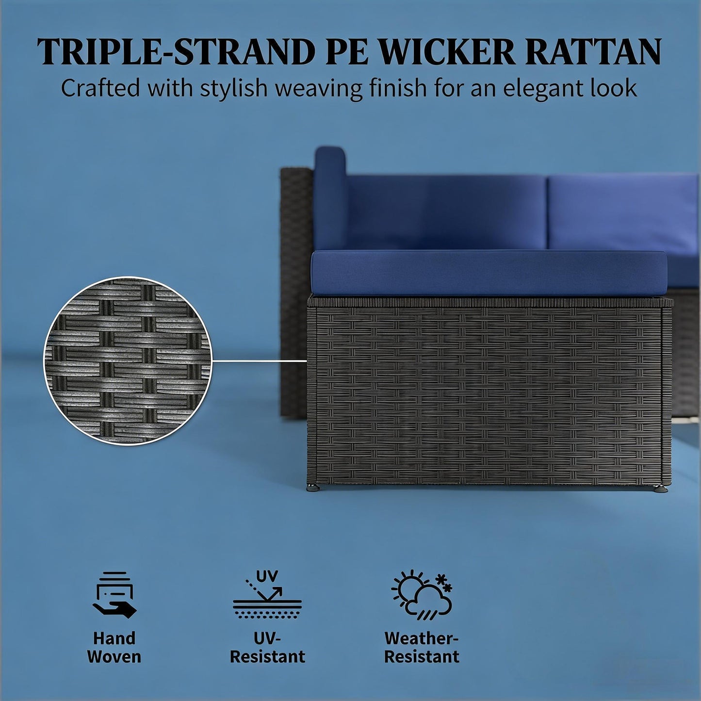 Dark Brown Navy Blue Patio Furniture Set 3 Piece Outdoor Sofa Chaise Table