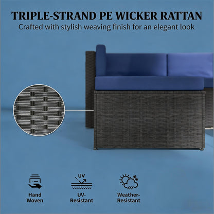Dark Brown Navy Blue Patio Furniture Set 3 Piece Outdoor Sofa Chaise Table