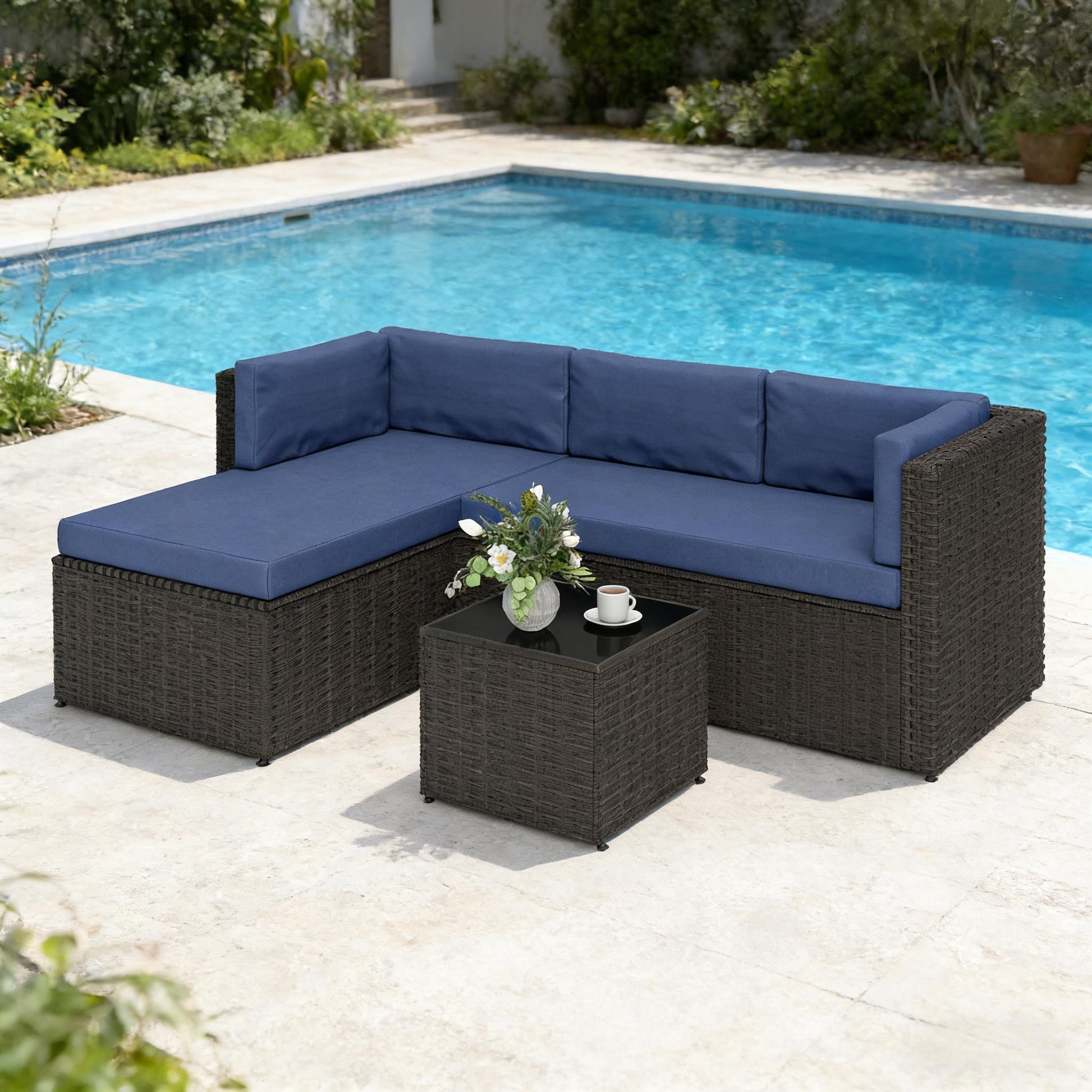 Dark Brown Navy Blue Patio Furniture Set 3 Piece Outdoor Sofa Chaise Table