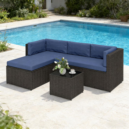 Dark Brown Navy Blue Patio Furniture Set 3 Piece Outdoor Sofa Chaise Table