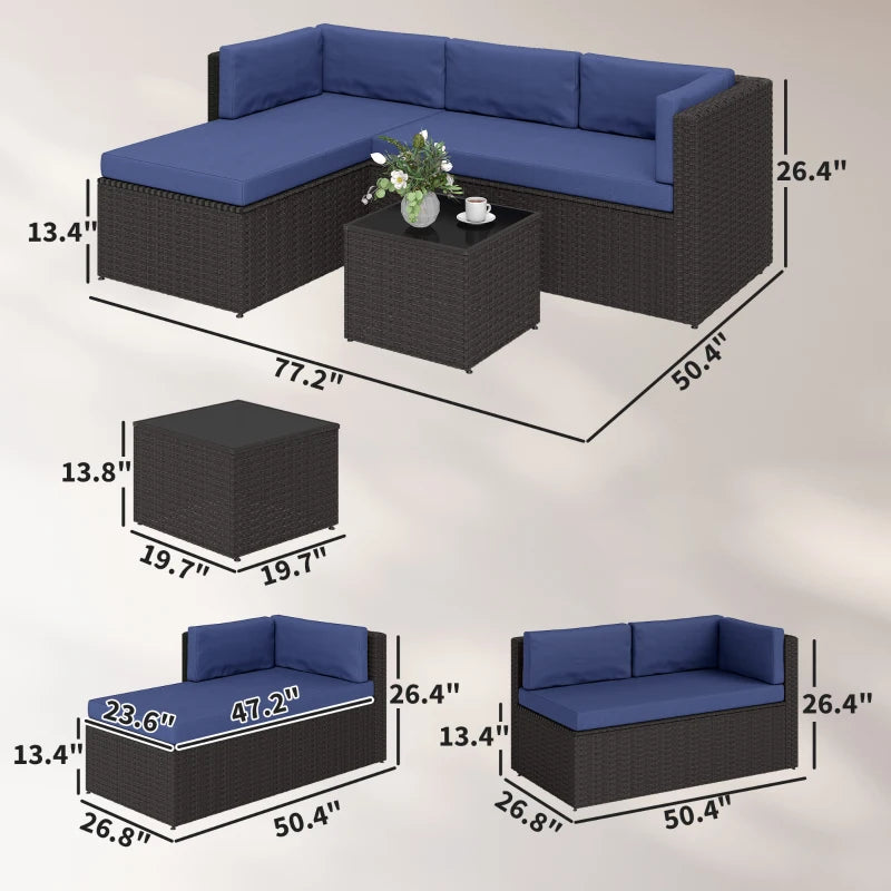 Dark Brown Navy Blue Patio Furniture Set 3 Piece Outdoor Sofa Chaise Table