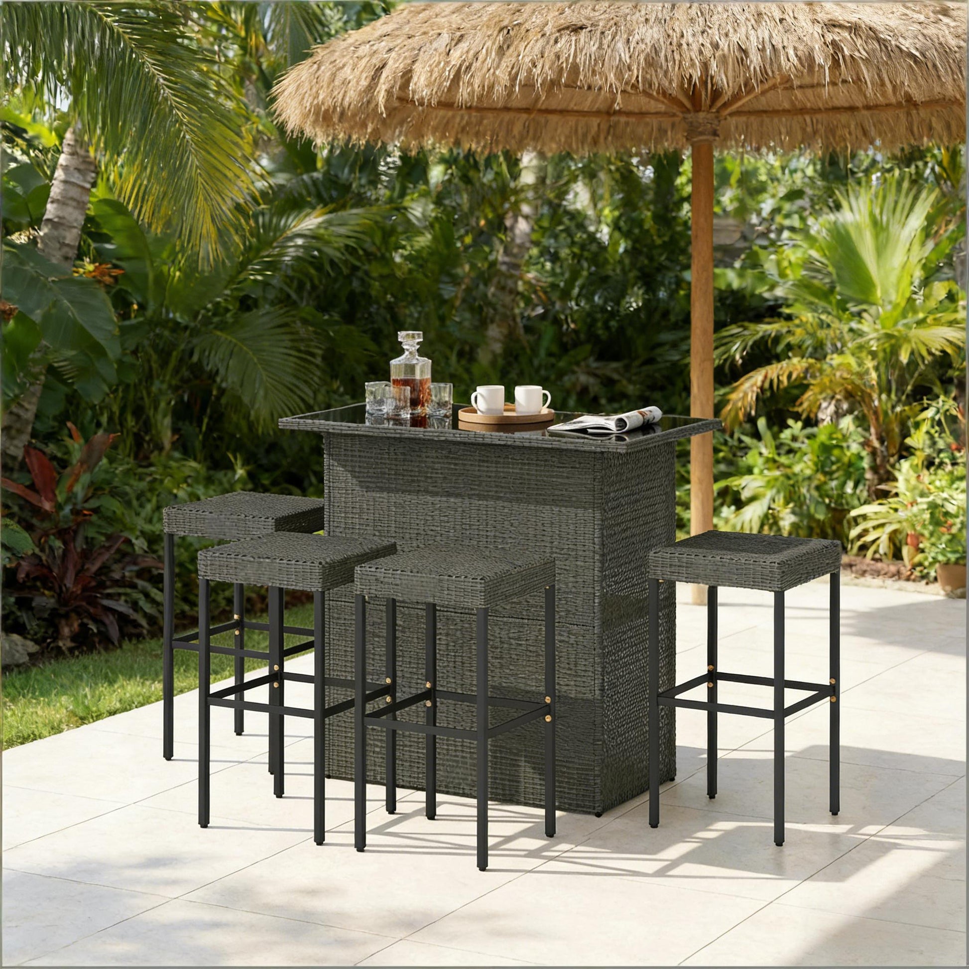 Dark Gray Rattan Bar Height Patio Set - 5 Piece Outdoor Bar Table and Chairs