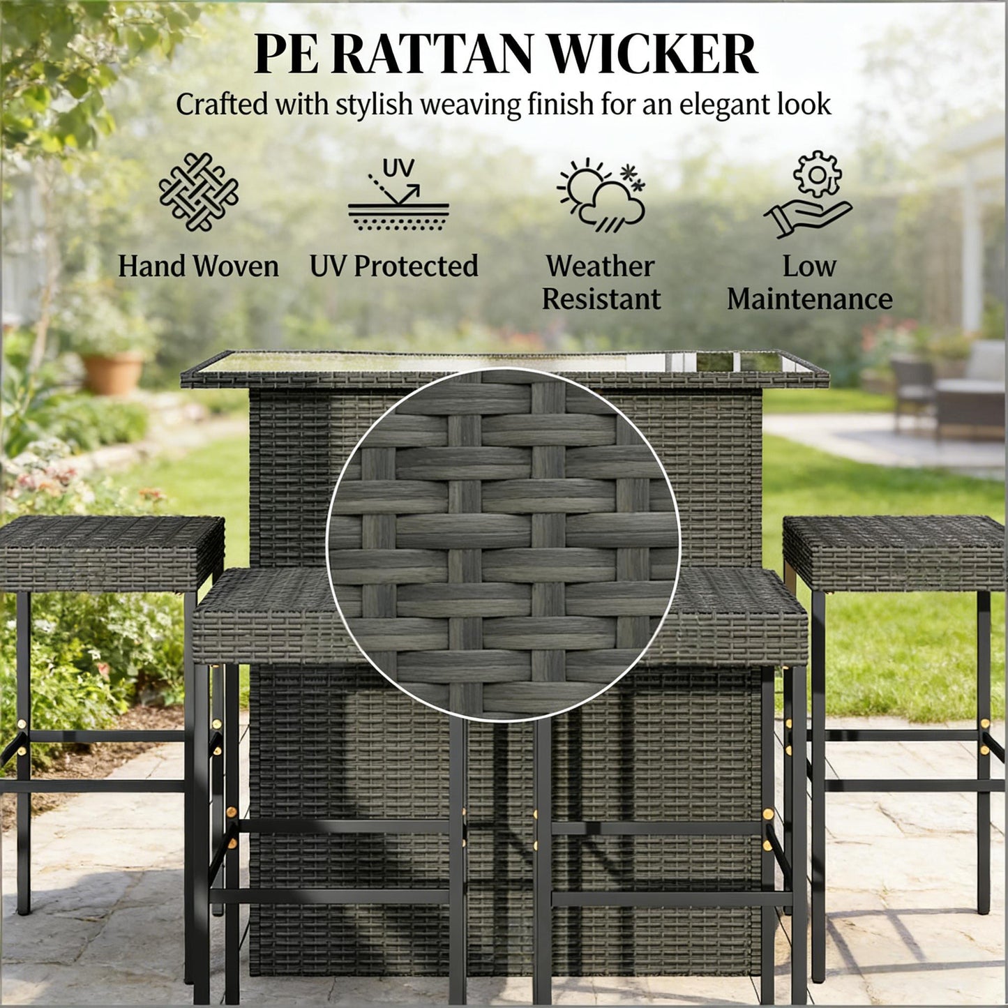 Dark Gray Rattan Bar Height Patio Set - 5 Piece Outdoor Bar Table and Chairs