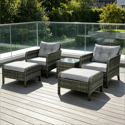 5 Pieces Rattan Wicker Lounge Chair Outdoor Patio Conversation Set with 2 Cushioned Chairs, 2 Ottomans and Tempered Glass Top Coffee Table