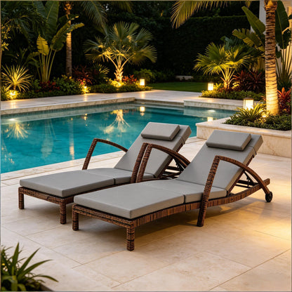 2 PCS Grey Wicker Chaise Lounge Chair Outdoor Patio Lounger with 5 Adjustable Back, Wheels, Cushion, and Armrests