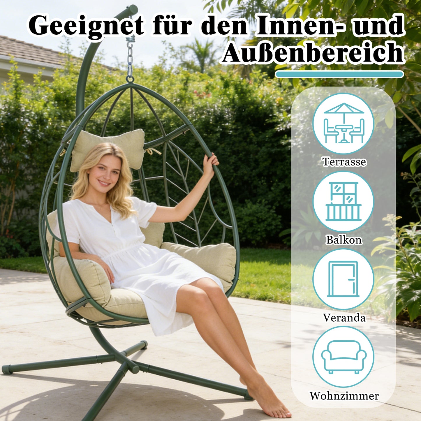Green Iron Hanging Egg Chair for Poolside Patio Relaxation