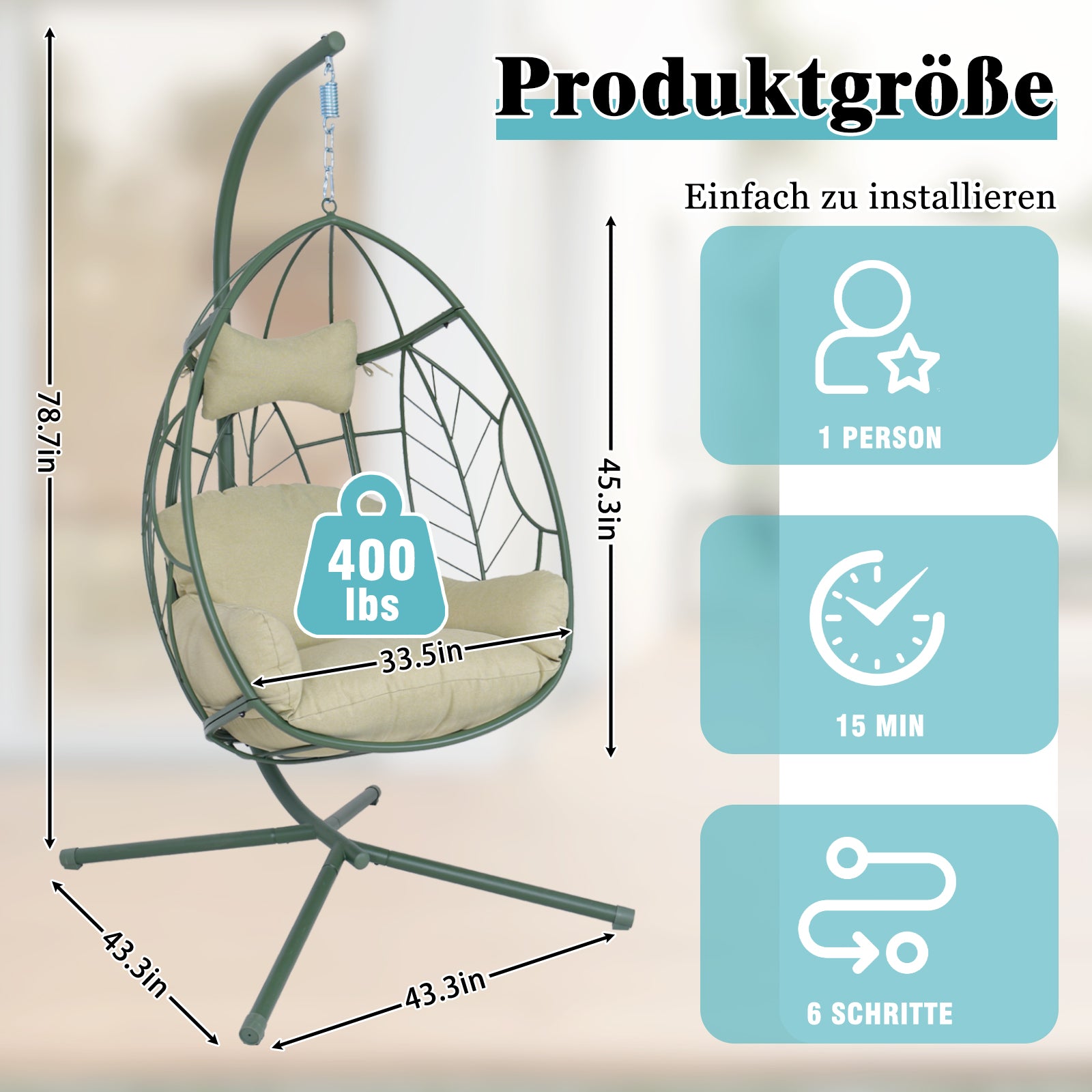 Green Iron Hanging Egg Chair for Poolside Patio Relaxation