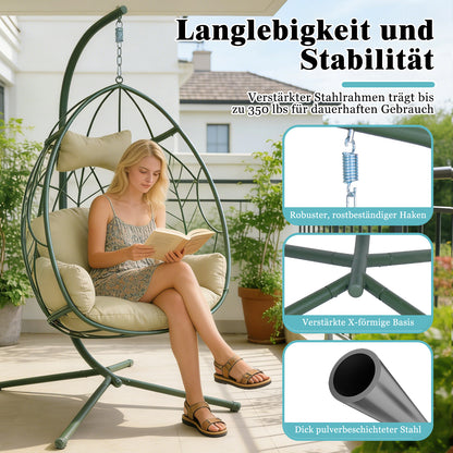 Green Iron Hanging Egg Chair for Poolside Patio Relaxation