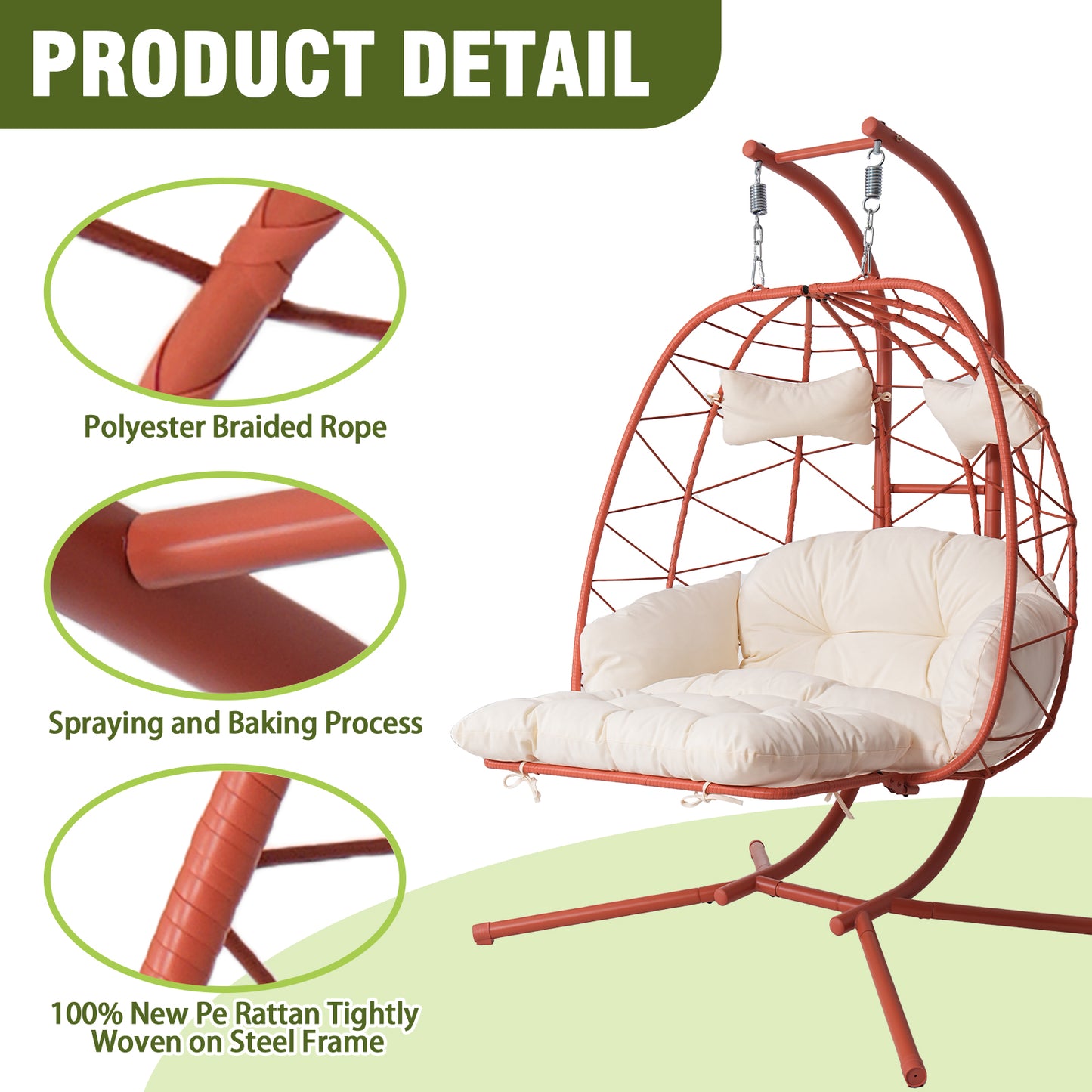 Orange-Red Hanging Egg Chair 2 Person Patio Swing