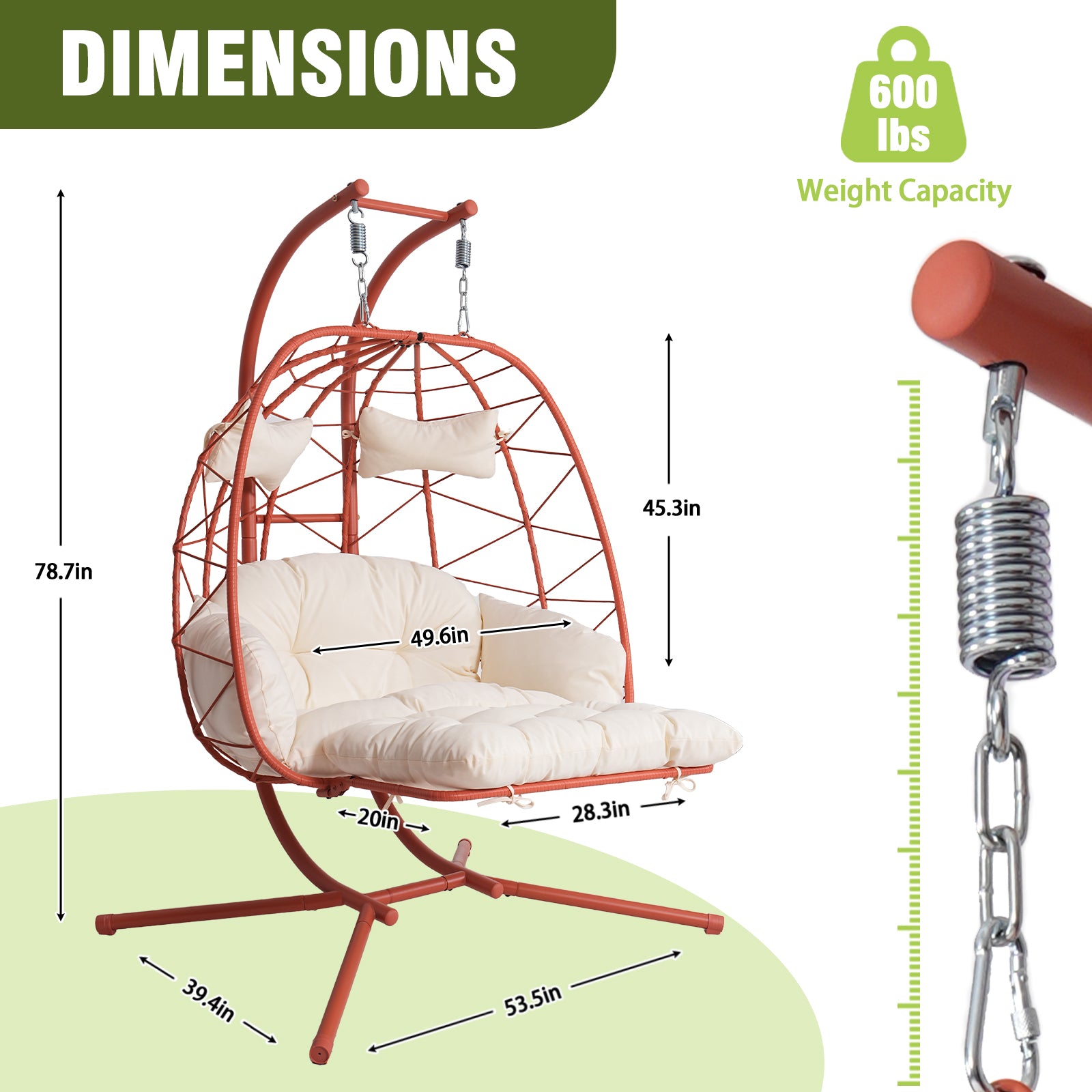 Orange-Red Hanging Egg Chair 2 Person Patio Swing