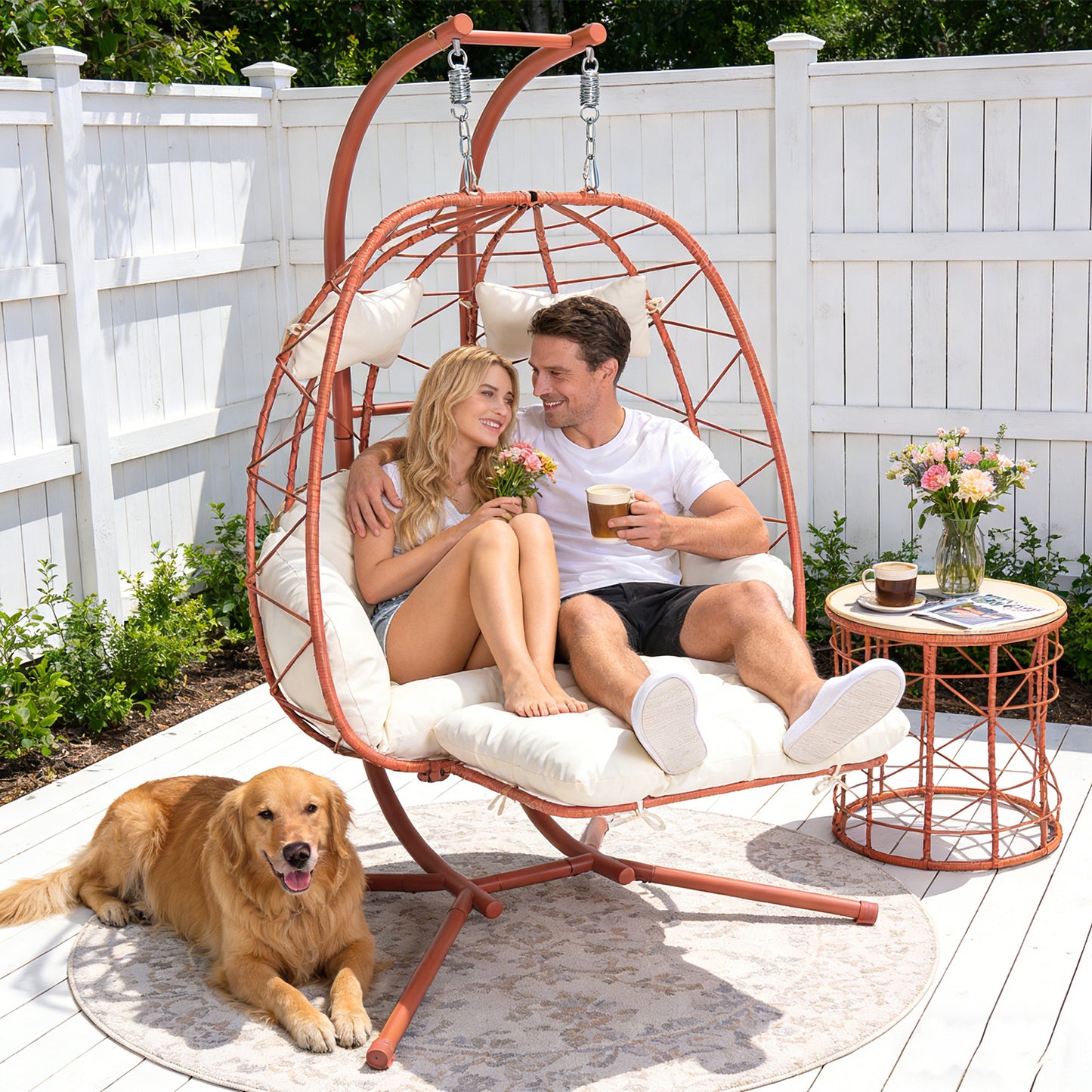 Orange-Red Hanging Egg Chair 2 Person Patio Swing