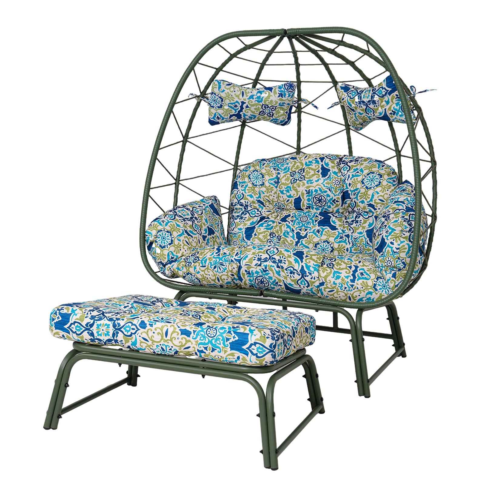 Double Patio Egg Chair with Ottoman, Wicker Outdoor Egg Chair with Cushion, 2 Person Lounge Chair with Footrest for Balcony, Garden and Backyard