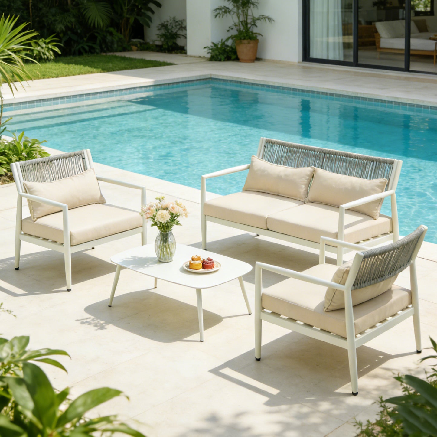 4-Seat White Gray Iron Patio Sectional Sofa Set