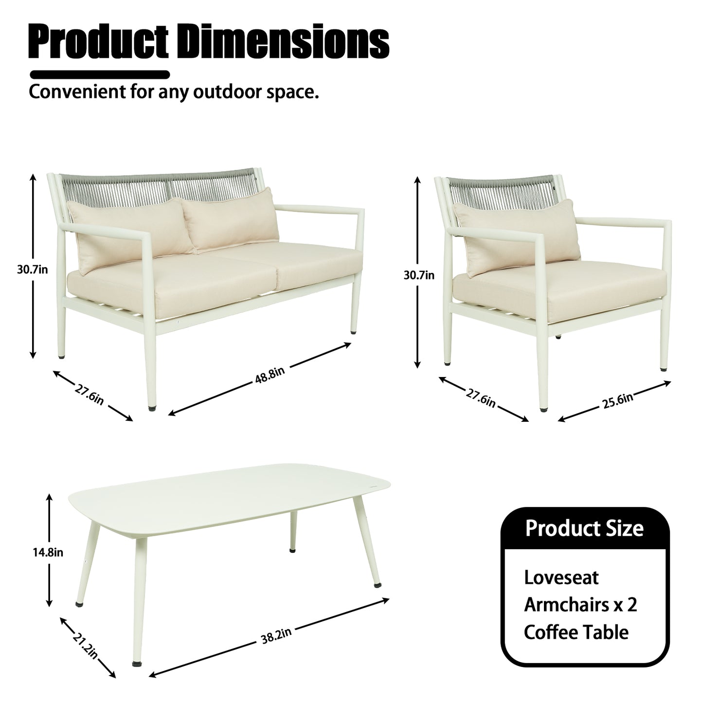 4-Seat White Gray Iron Patio Sectional Sofa Set