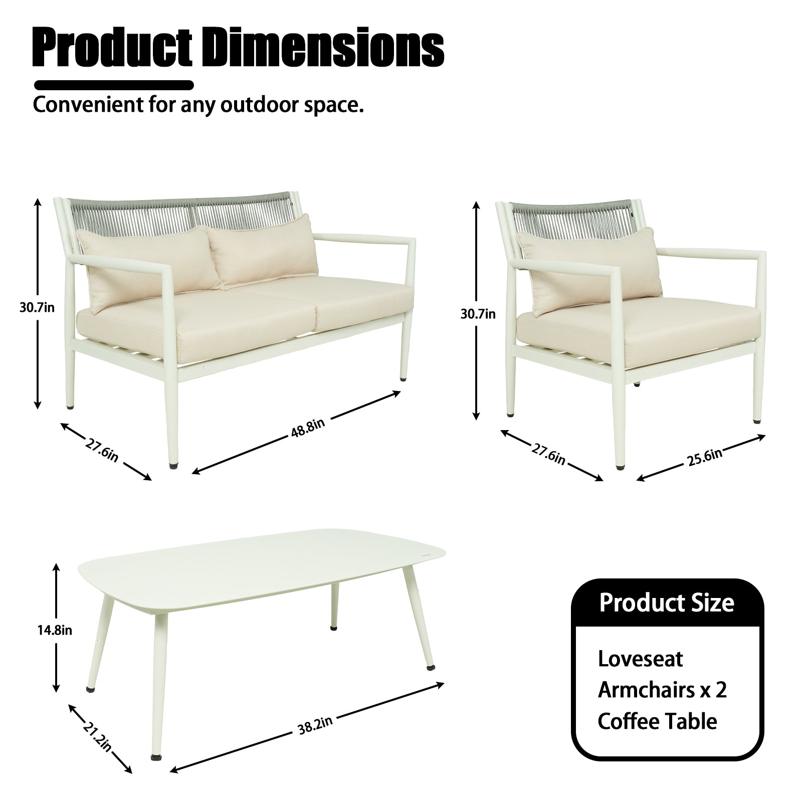 4-Seat White Gray Iron Patio Sectional Sofa Set