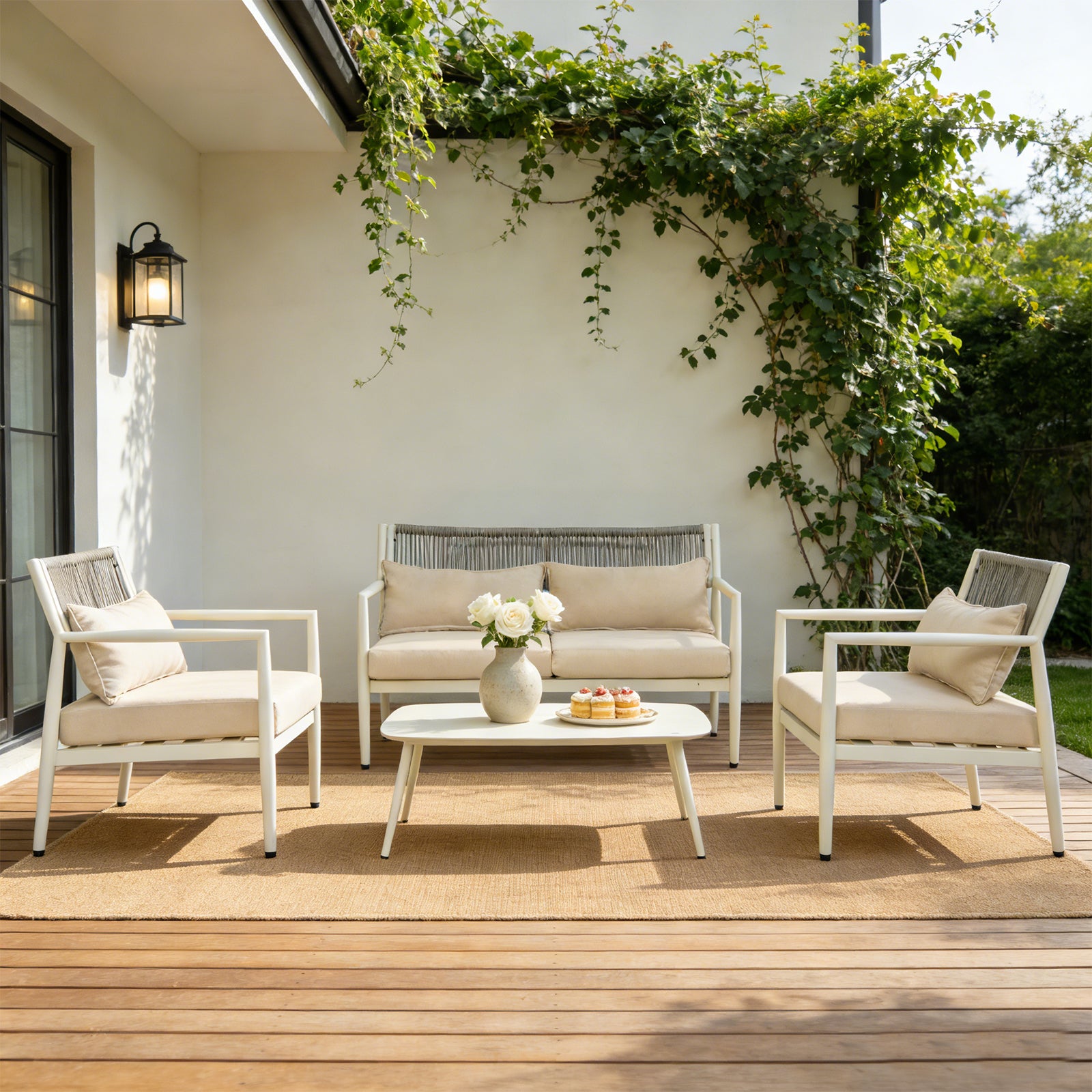 4-Seat White Gray Iron Patio Sectional Sofa Set