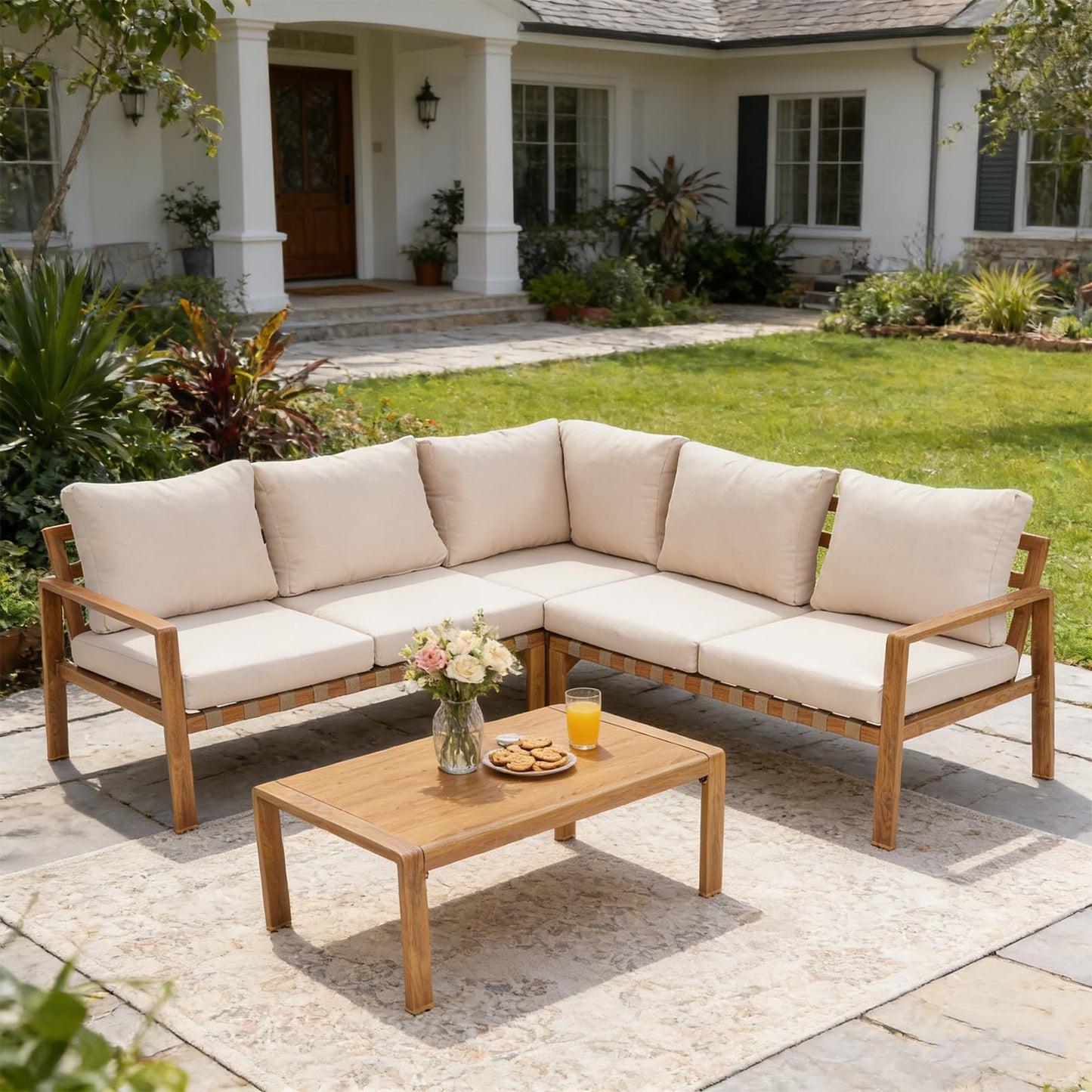 4-Piece L-Shaped Outdoor Patio Furniture Set, All-Aluminum Frame Sectional Sofa with Wood Grain Finish, Cushioned Seats & Plastic Wood Coffee Table, Modern Conversation Set