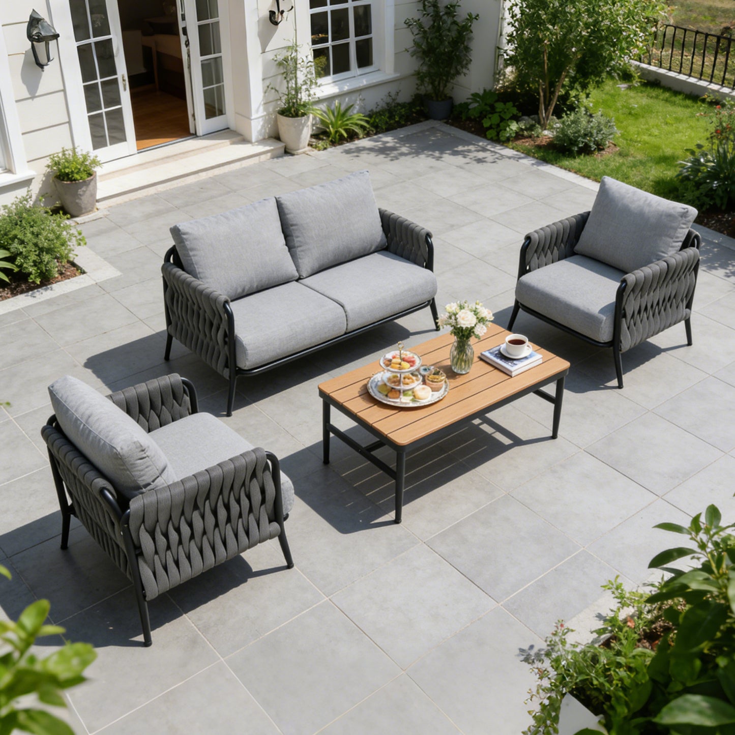 4-Piece Outdoor Patio Furniture Set, Hand-Woven Wicker Conversation Set with Olefin Cushions & WPC Coffee Table, 330 lbs Capacity for Backyard, Balcony, Garden