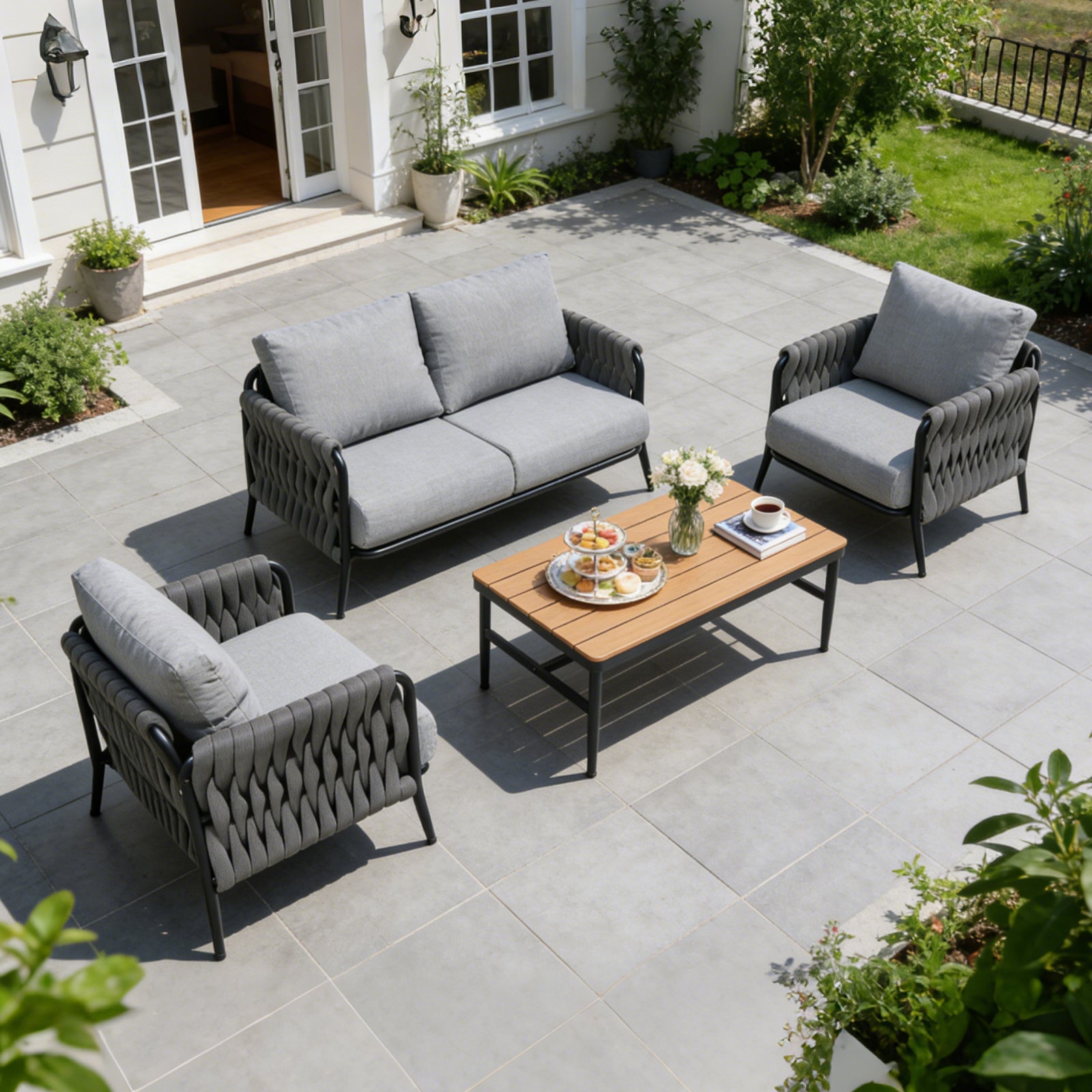 4-Piece Outdoor Patio Furniture Set, Hand-Woven Wicker Conversation Set with Olefin Cushions & WPC Coffee Table, 330 lbs Capacity for Backyard, Balcony, Garden